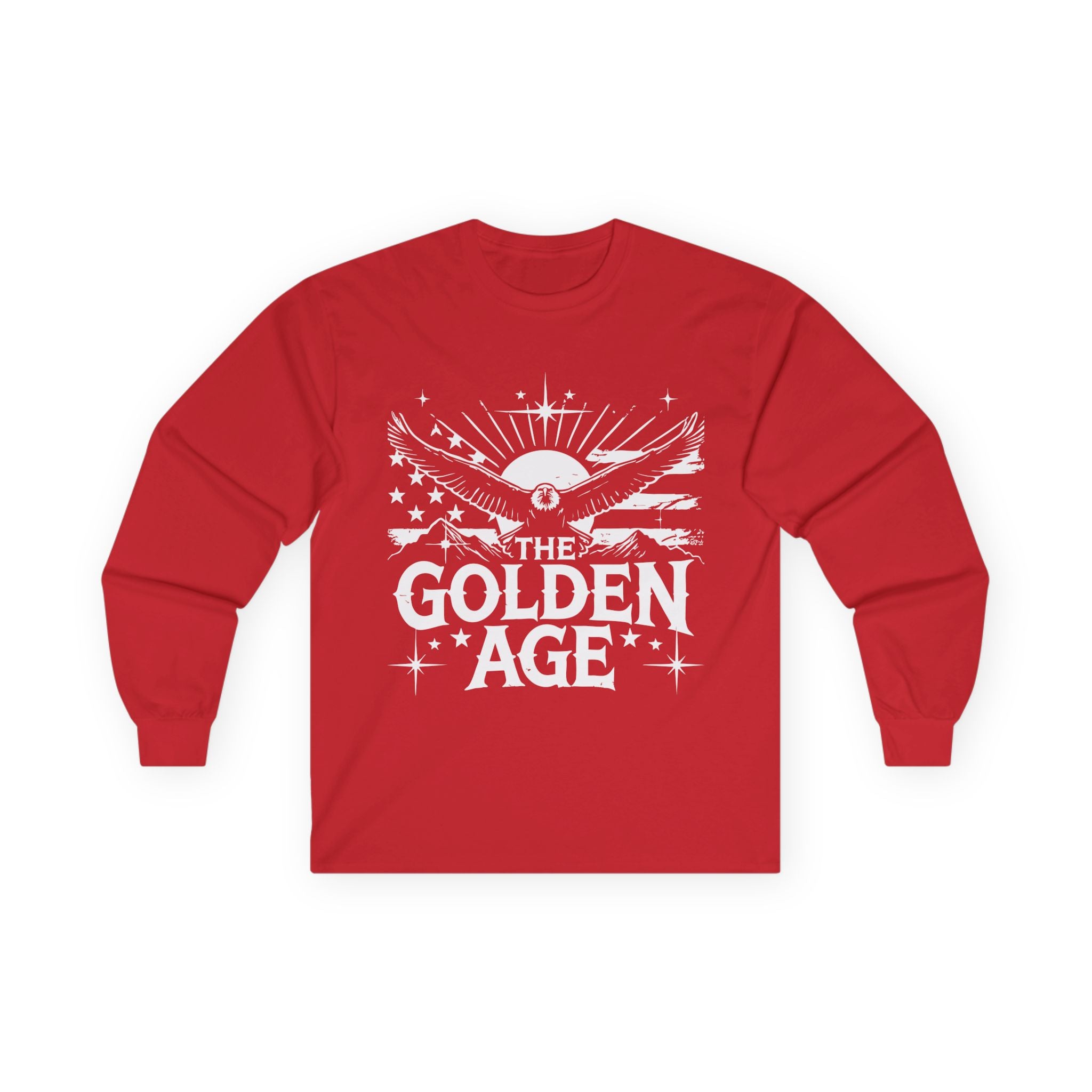 A red long sleeve T-shirt with 'THE GOLDEN AGE' printed in white text on the front.