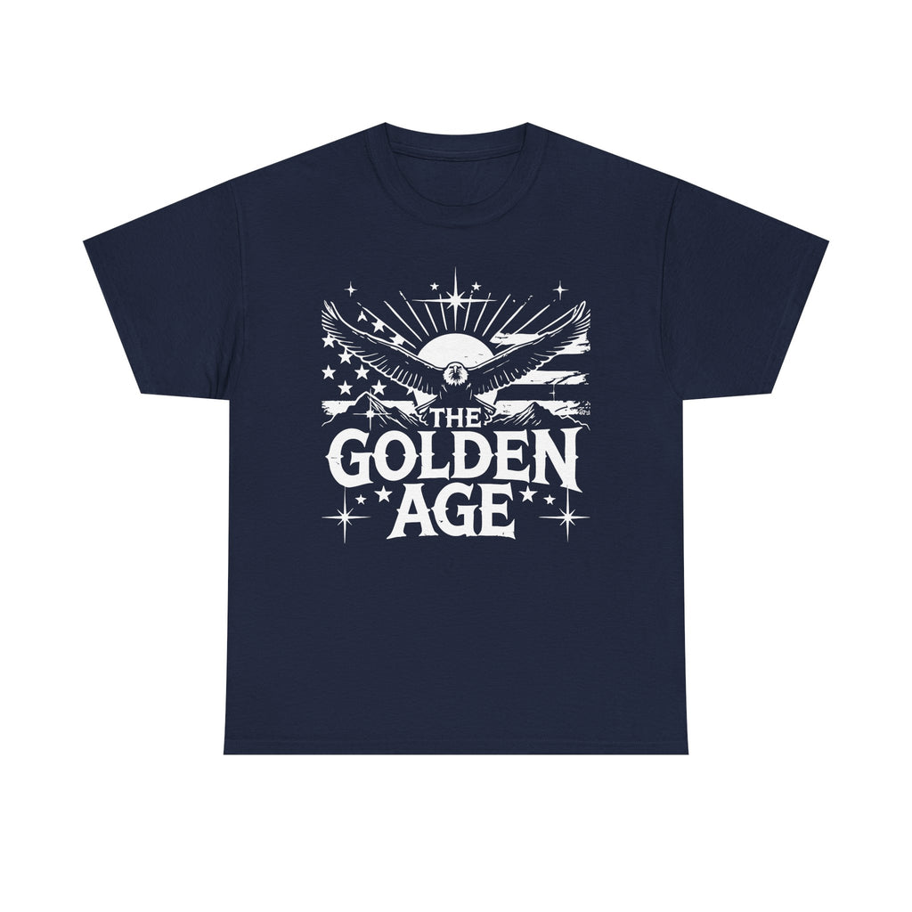 A black crew neck t-shirt with a graphic print in the center that reads 'THE GOLDEN AGE' with wings and stars around it.