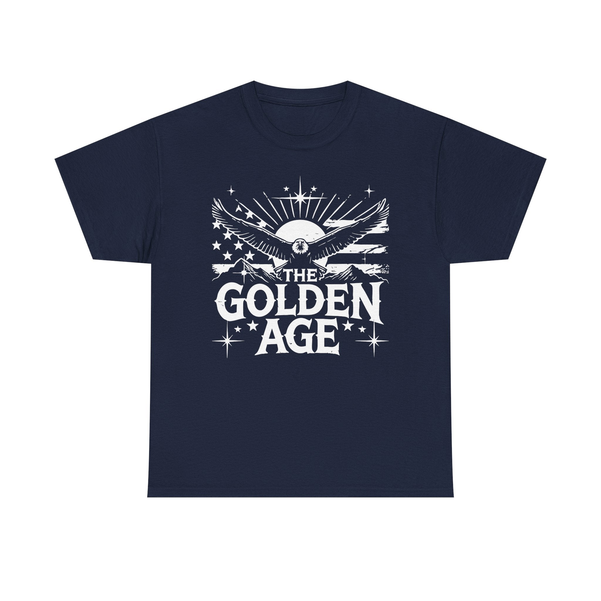 A black crew neck t-shirt with a graphic print in the center that reads 'THE GOLDEN AGE' with wings and stars around it.