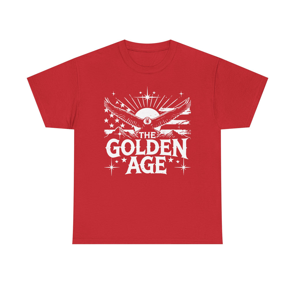 A black crew neck t-shirt with a graphic print in the center that reads 'THE GOLDEN AGE' with wings and stars around it.