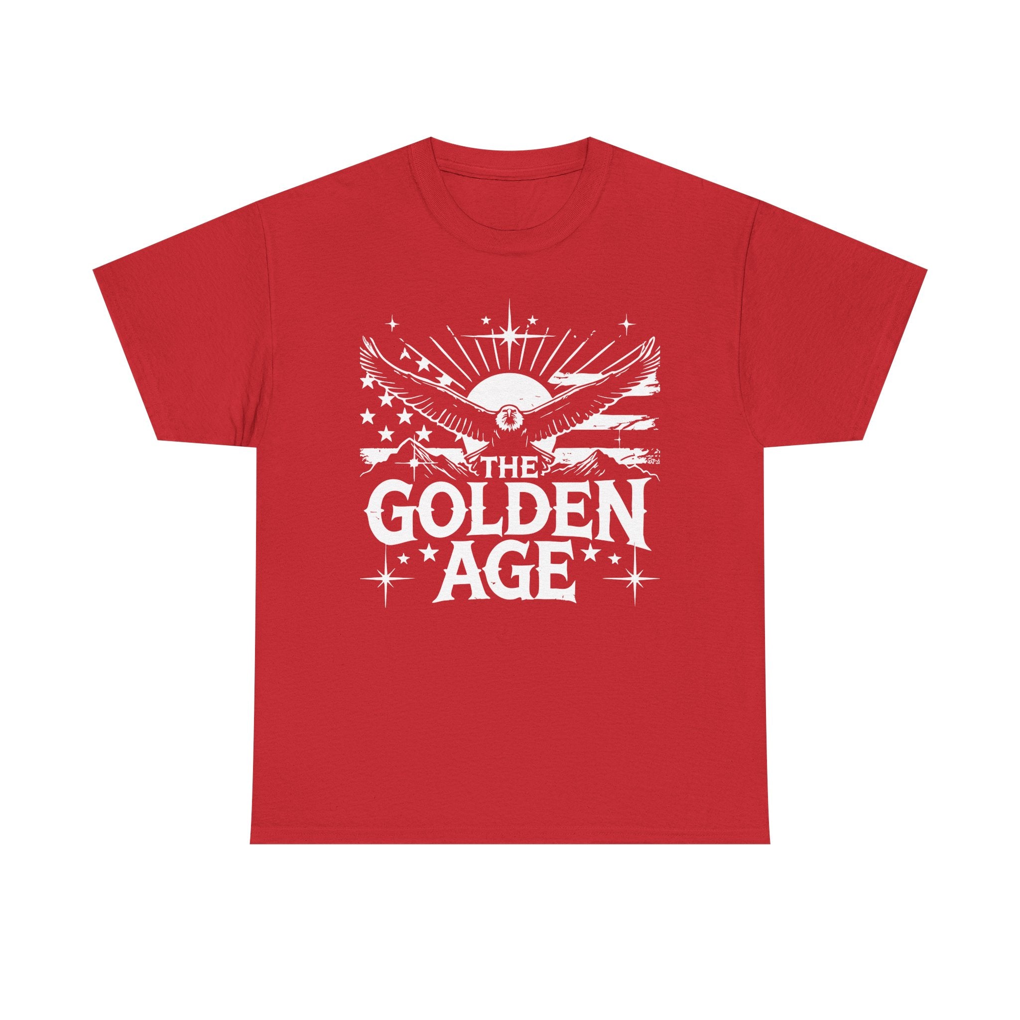 A black crew neck t-shirt with a graphic print in the center that reads 'THE GOLDEN AGE' with wings and stars around it.