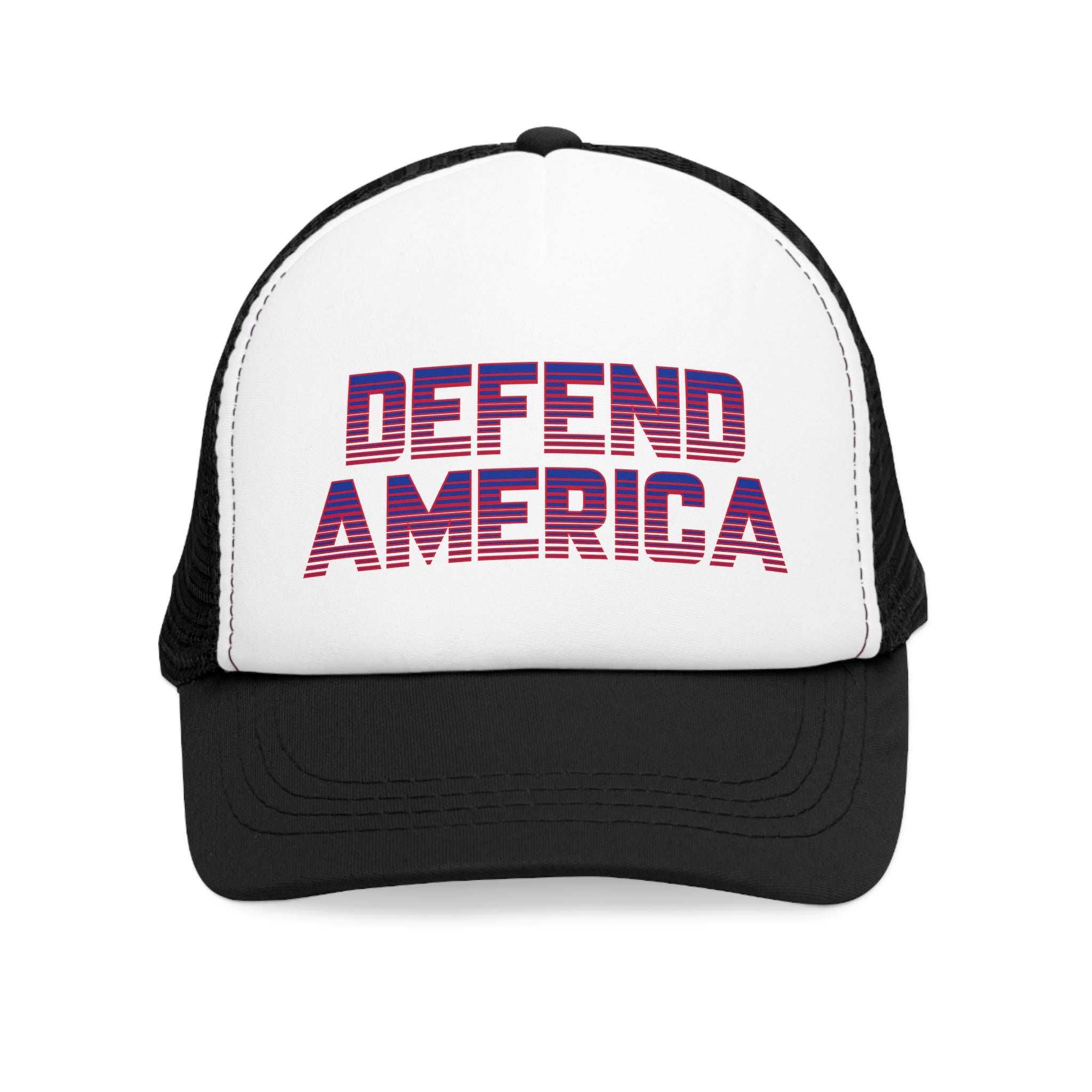 Black and white 5 panel mesh trucker hat/trucker cap with striped red, white and blue text "DEFEND AMERICA" #American #MadeinAmerica #MadeinUSA #USA #USApride #America  #americanmade #americanmadeproduct #americanmadeproducts #productsmadeinAmerica #USAmade #productmadeinUSA #productsmadeinUSA
