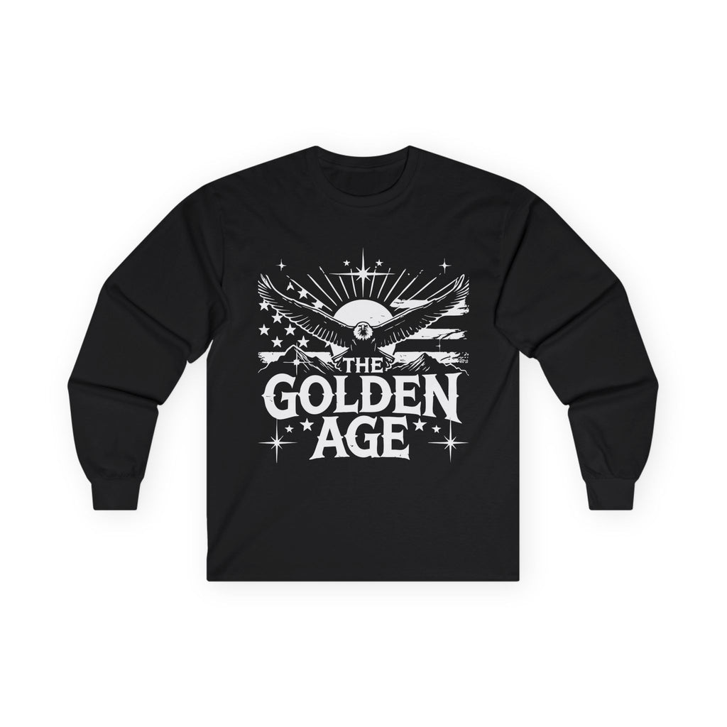 A black long sleeve T-shirt with 'THE GOLDEN AGE' printed in white text on the front.