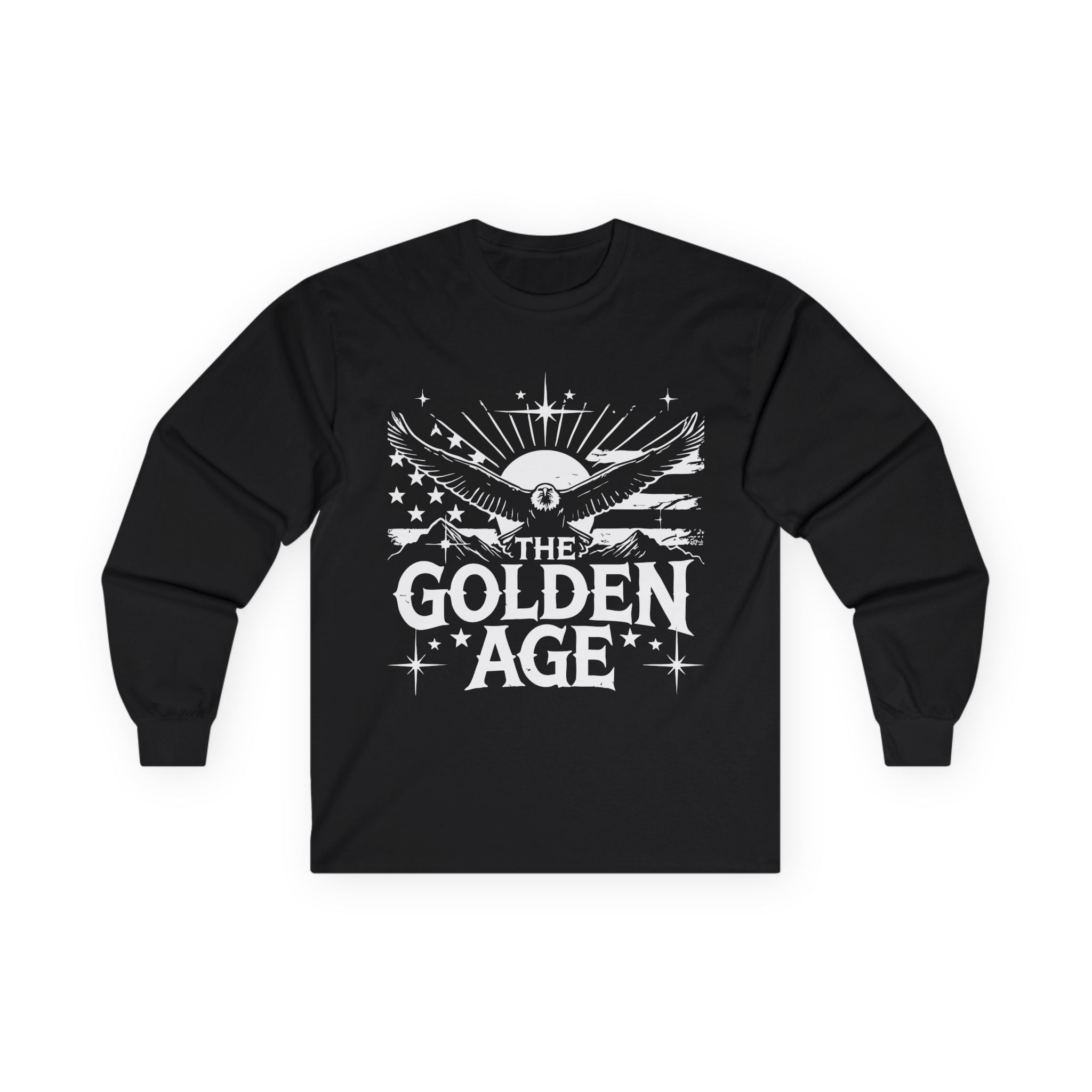 A black long sleeve T-shirt with 'THE GOLDEN AGE' printed in white text on the front.