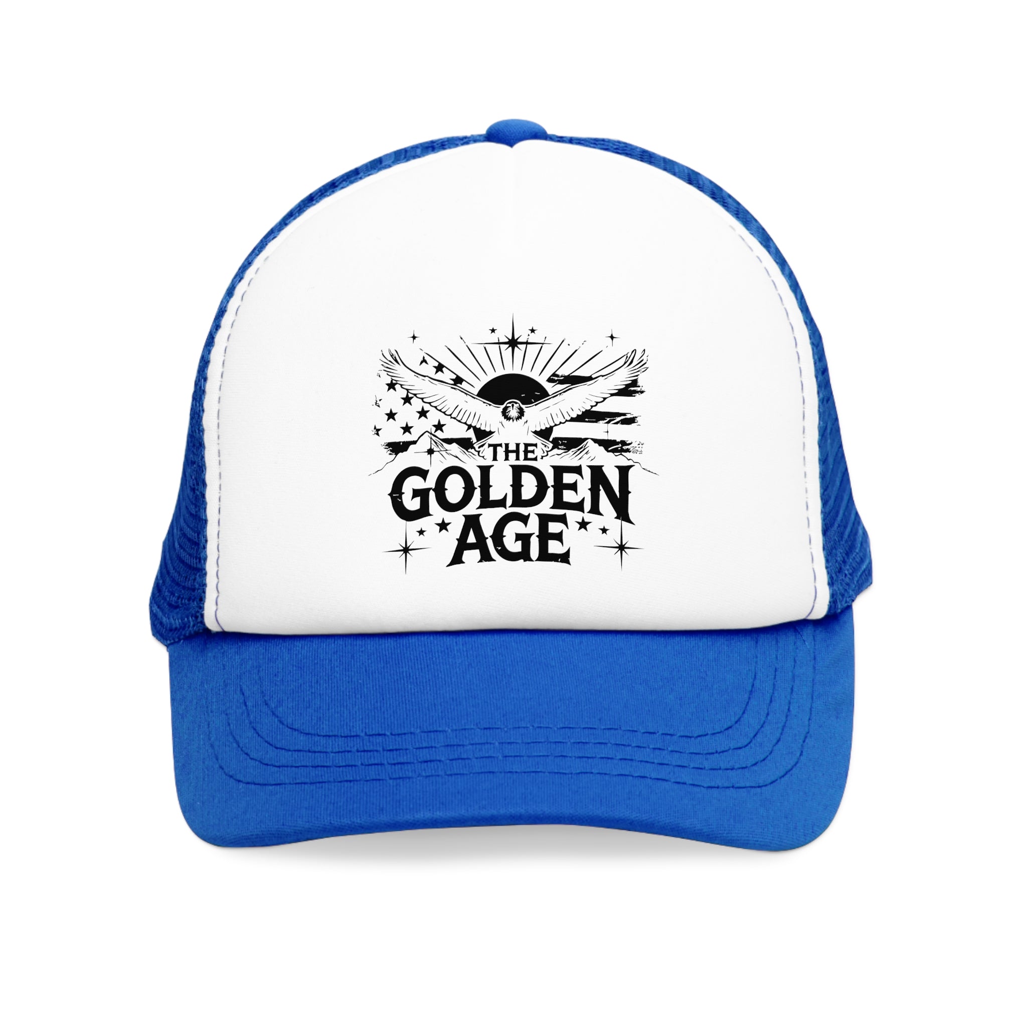 Blue and white 5 panel mesh trucker hat/trucker cap with text "THE GOLDEN AGE" With bald eagle and stripe design #American #MadeinAmerica #MadeinUSA #USA #USApride #America  #americanmade #americanmadeproduct #americanmadeproducts #productsmadeinAmerica #USAmade #productmadeinUSA #productsmadeinUSA