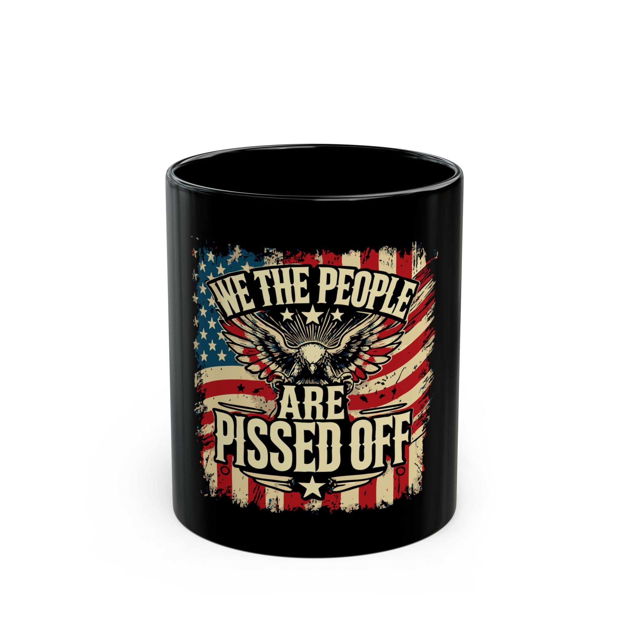 A black ceramic mug with a glossy finish, featuring a patriotic design with text and a flag pattern.