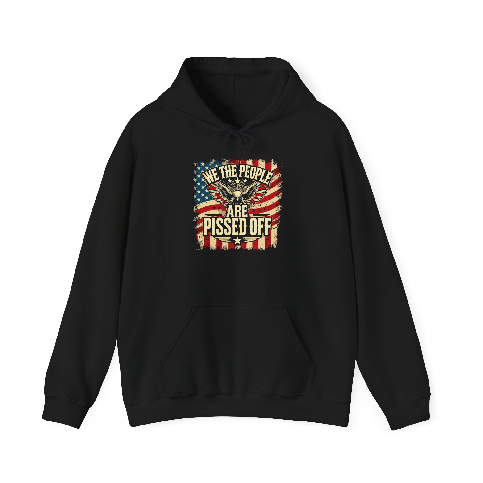 Black hooded sweatshirt with a graphic print in the center that includes an American flag and text saying 'WE THE PEOPLE HOODIE'. The hoodie features a kangaroo pouch pocket and an adjustable drawstring hood.  We The People Are Pissed Off Heavy Blend™ Hoodie 