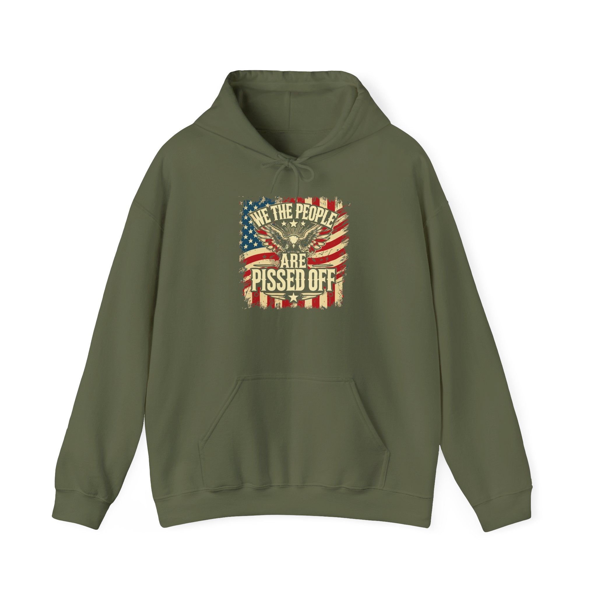 Black hooded sweatshirt with a graphic print in the center that includes an American flag and text saying 'WE THE PEOPLE HOODIE'. The hoodie features a kangaroo pouch pocket and an adjustable drawstring hood.  We The People Are Pissed Off Heavy Blend™ Hoodie 