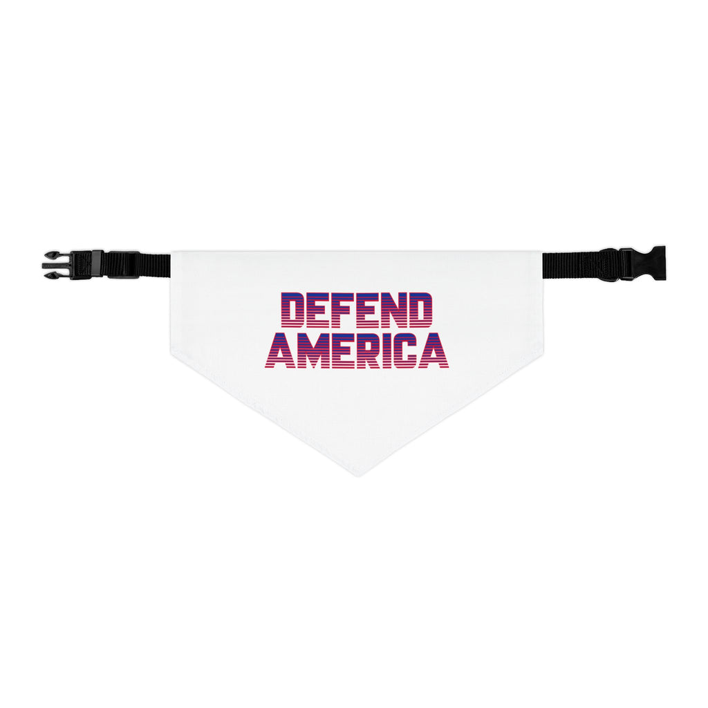 White bandana pet collar with adjustable strap with red and blue striped text
'DEFEND AMERICA"  #ProudtoProtectourborders #American #MadeinAmerica #MadeinUSA #USA #USApride #America #Americanborder #baldeagle #USAflag #doghoodie #dog #dogs #pethoodie #pet #pets 
#American #MadeinAmerica #MadeinUSA #USA #USApride #America  #americanmade #americanmadeproduct #americanmadeproducts #productsmadeinAmerica #USAmade #productmadeinUSA #productsmadeinUSA
