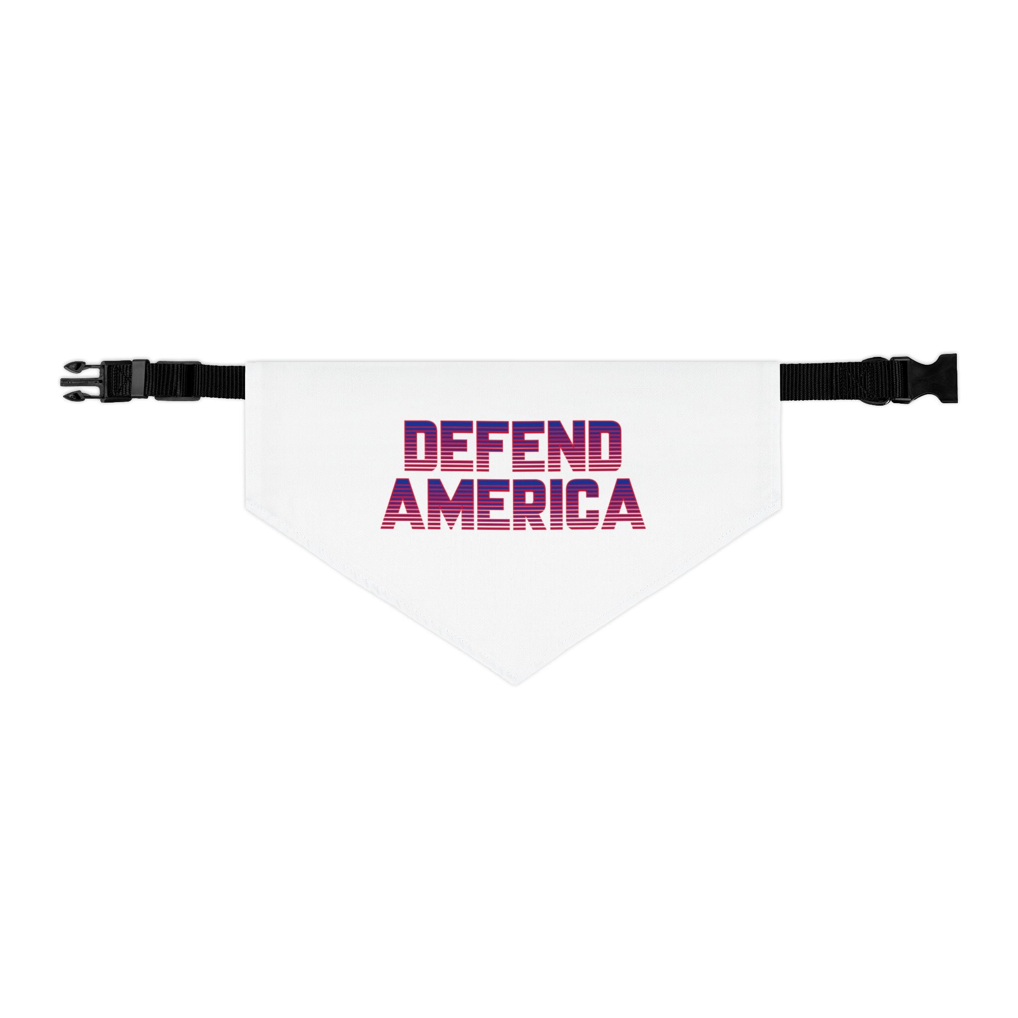 White bandana pet collar with adjustable strap with red and blue striped text
'DEFEND AMERICA"  #ProudtoProtectourborders #American #MadeinAmerica #MadeinUSA #USA #USApride #America #Americanborder #baldeagle #USAflag #doghoodie #dog #dogs #pethoodie #pet #pets 
#American #MadeinAmerica #MadeinUSA #USA #USApride #America  #americanmade #americanmadeproduct #americanmadeproducts #productsmadeinAmerica #USAmade #productmadeinUSA #productsmadeinUSA
