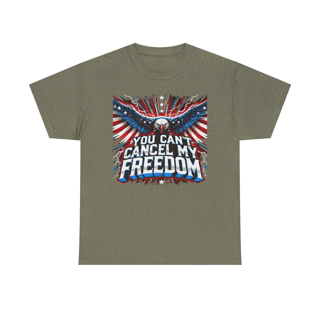 A gray unisex heavy cotton tee with a graphic print of an eagle and text 'You Can't Cancel My Freedom'.