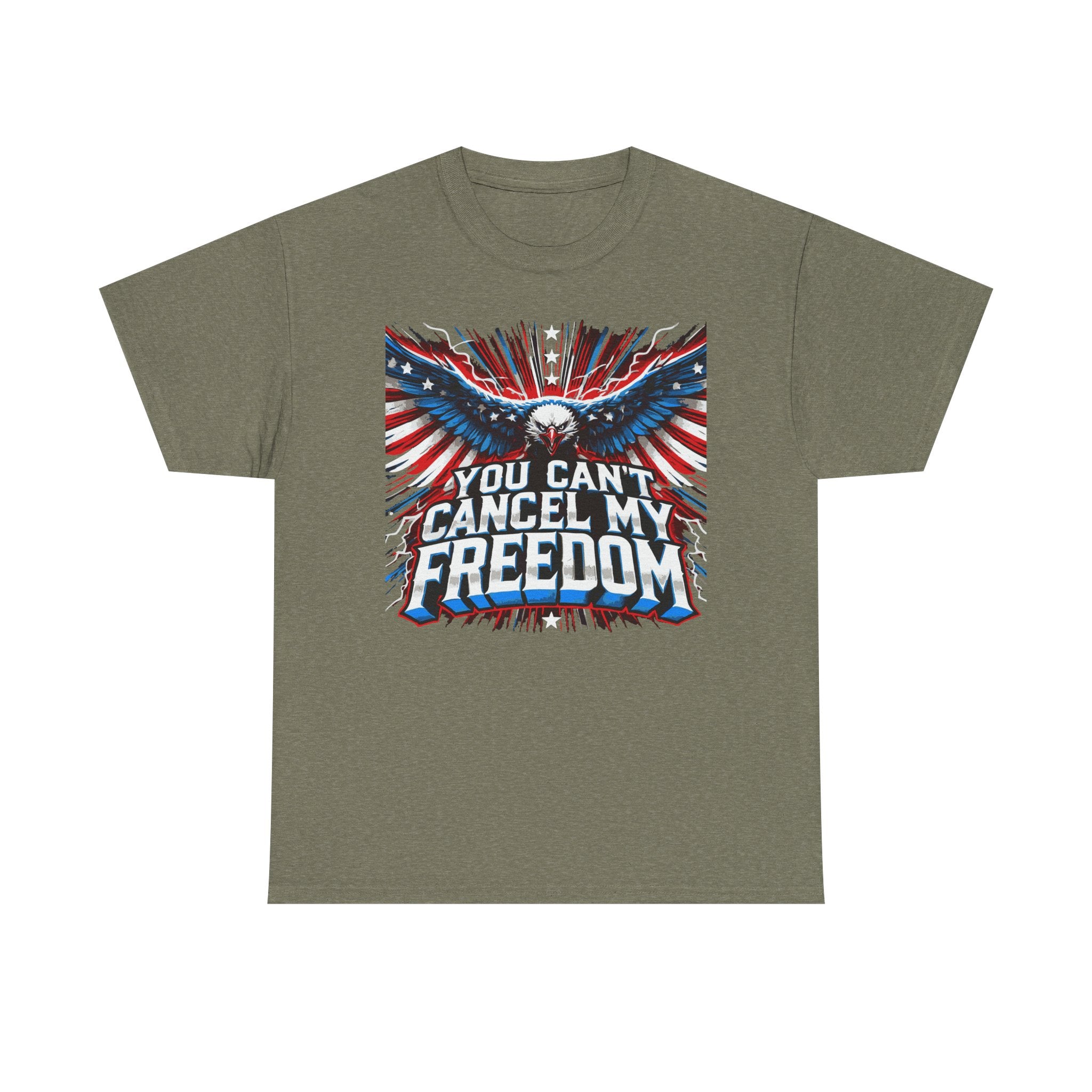 A gray unisex heavy cotton tee with a graphic print of an eagle and text 'You Can't Cancel My Freedom'.