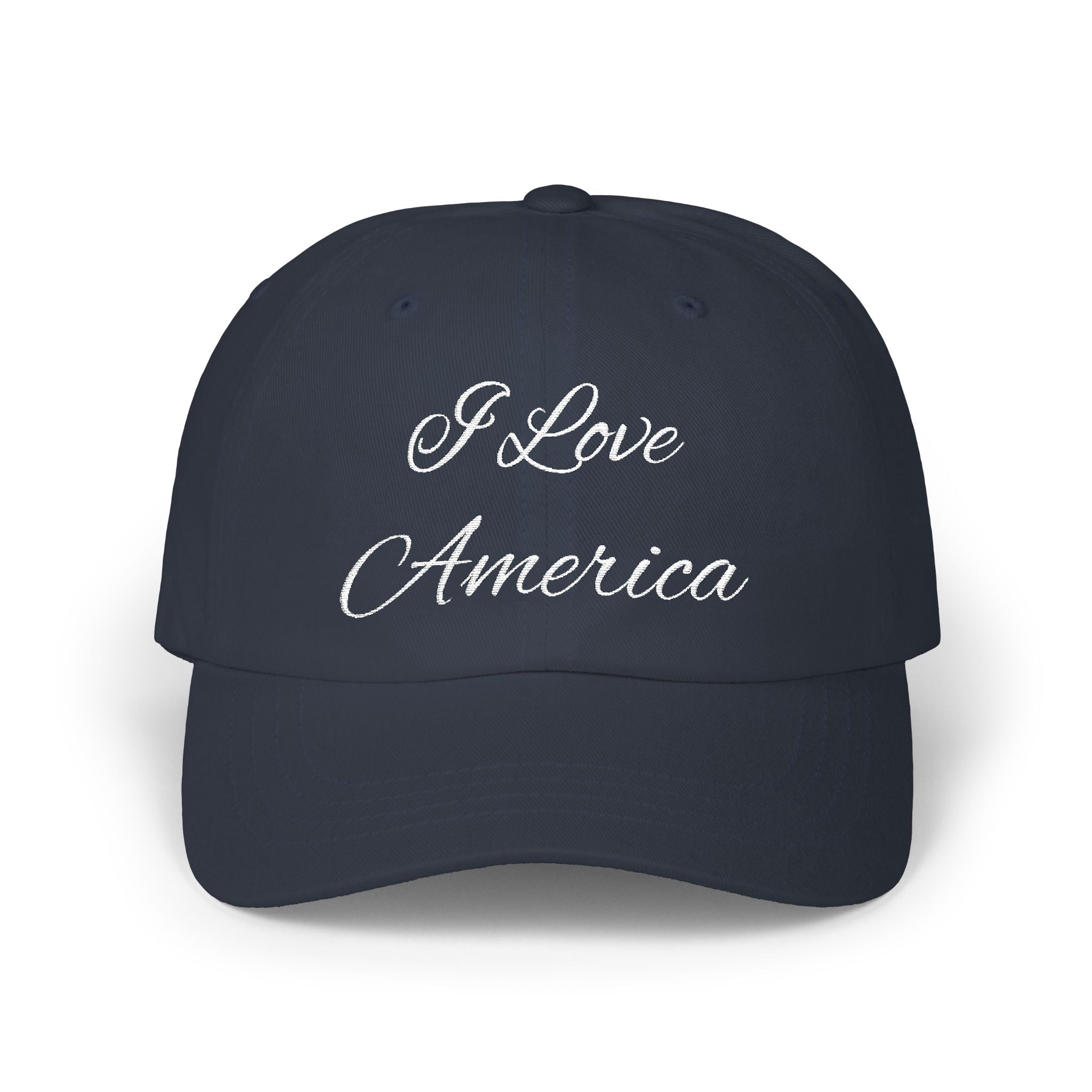 Navy blue cap with 'I Love America' text on a white background