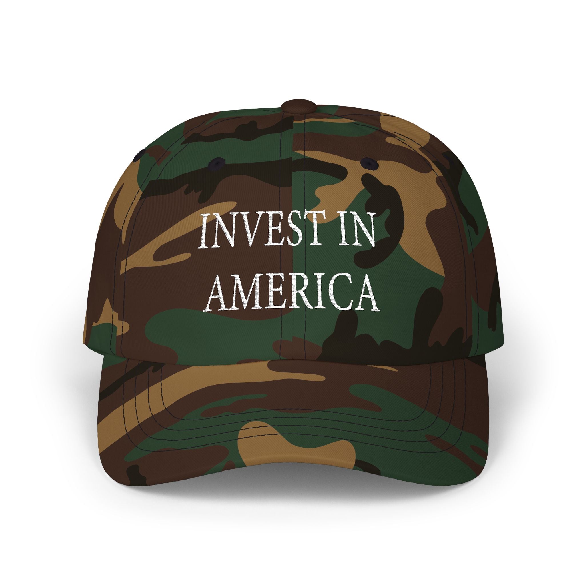 Camouflage cap with 'INVEST IN AMERICA' text on a white background