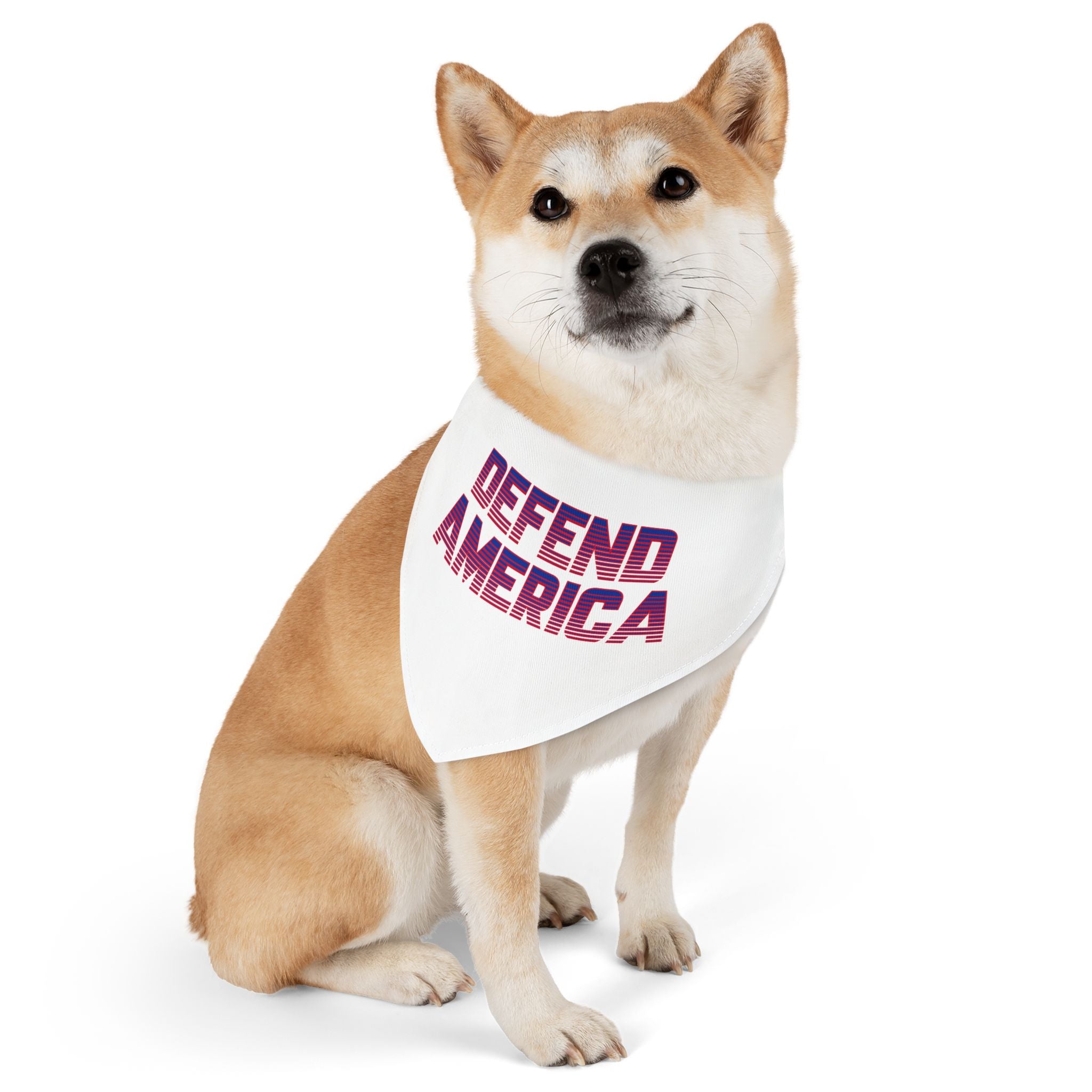 White bandana pet collar with adjustable strap with red and blue striped text
'DEFEND AMERICA"  on dog #ProudtoProtectourborders #American #MadeinAmerica #MadeinUSA #USA #USApride #America #Americanborder #baldeagle #USAflag #doghoodie #dog #dogs #pethoodie #pet #pets 
#American #MadeinAmerica #MadeinUSA #USA #USApride #America  #americanmade #americanmadeproduct #americanmadeproducts #productsmadeinAmerica #USAmade #productmadeinUSA #productsmadeinUSA