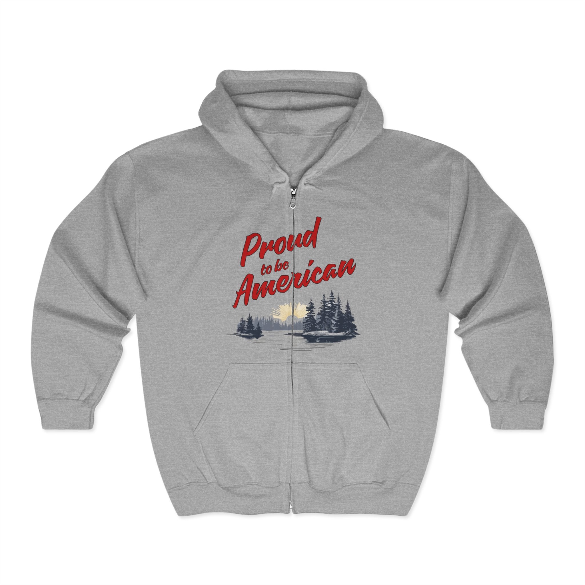 A black full zip hoodie with 'Proud to be American' text and a graphic in the center.