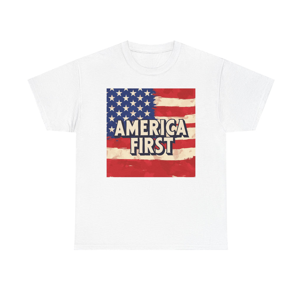 A white unisex crew neck t-shirt with the text 'AMERICA FIRST' and an American flag design.
