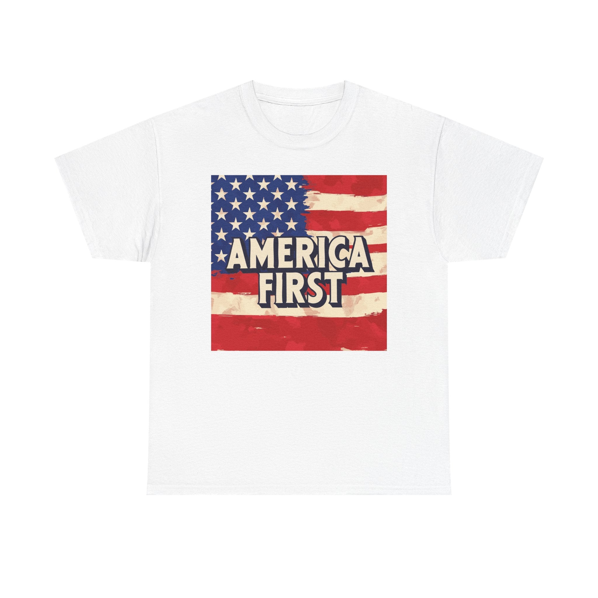 A white unisex crew neck t-shirt with the text 'AMERICA FIRST' and an American flag design.